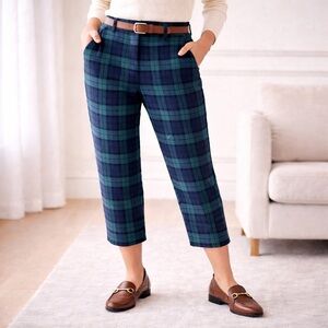 Size 14P Chadwick’s Wool Plaid Pants Blue Green Tartan Tailored Cropped Trouser